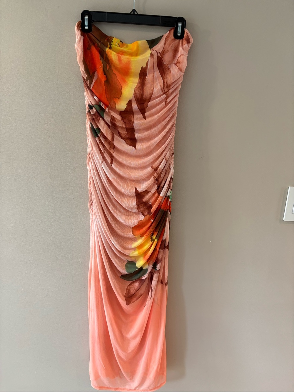 AFRM Coral Pink Floral Ruched Maxi Dress